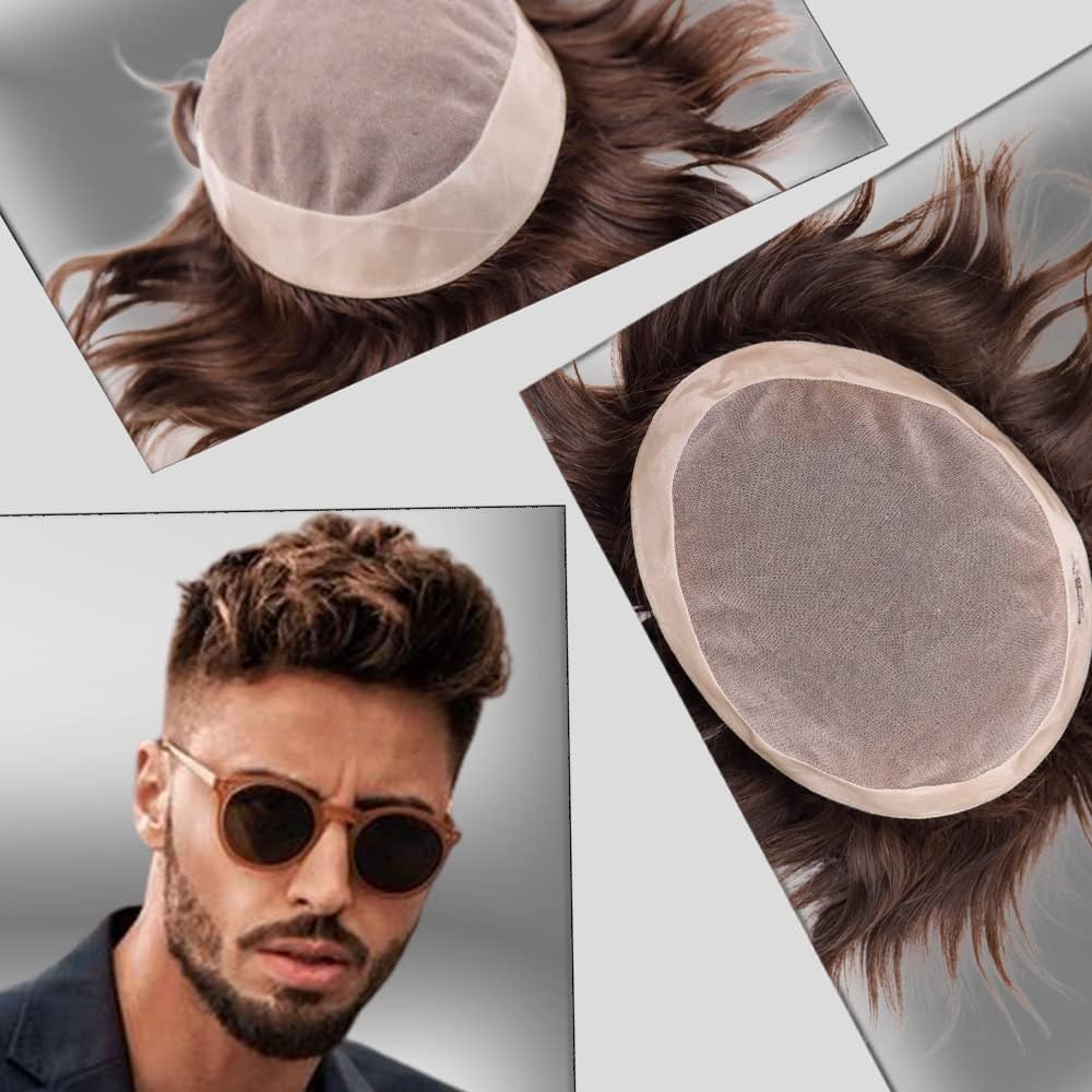 Fine Mono Human Hair Mens Toupee Hairpiece Poly Skin Around Hair System NPU Monofilament Wig Hair Toupees for Men 6X9 INCH #4 Medium Brown Color