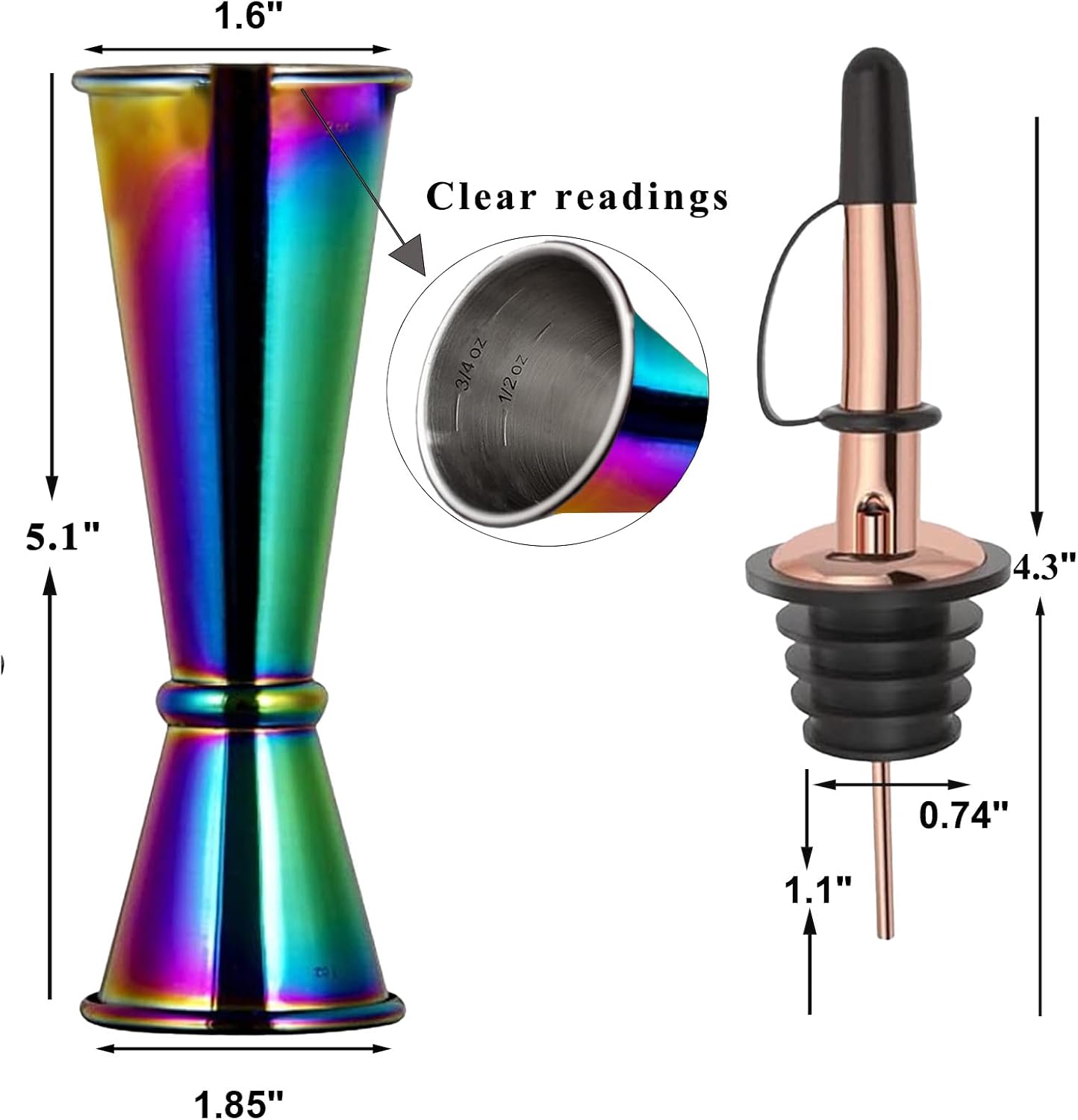 Pafusen Jigger for Bartending, Japanese Professional Cocktail Jiggers, Jigger 2 OZ 1 OZ with Measurements Inside, Premium 304 Stainless Steel (Rainbow, 1 Jiggers+ 2 Pourers with Caps) image 5