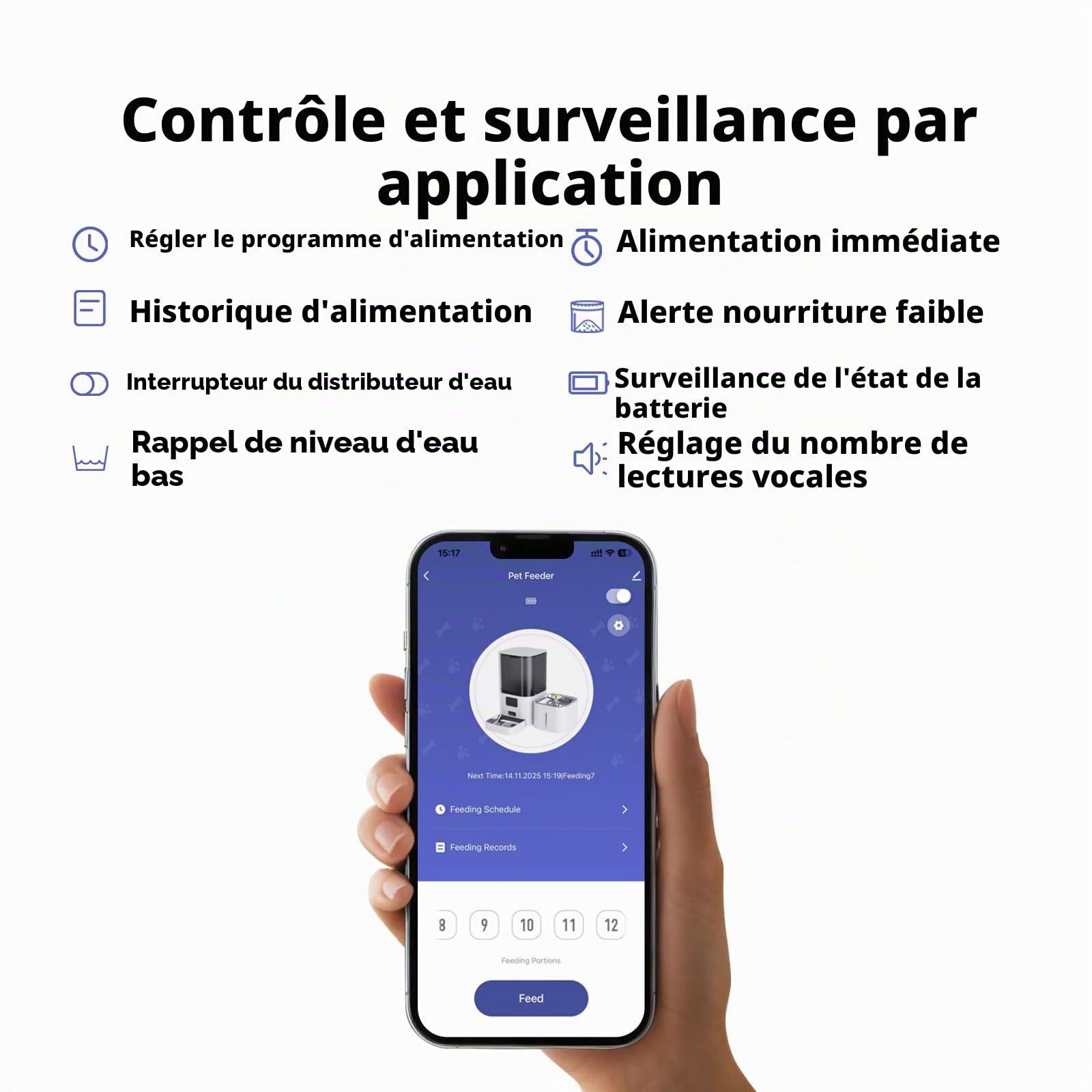Distributeur automatique de nourriture et d'eau 2 en 1 pour chat - Grand volume - 6 litres - Distributeur d'eau de 2,5 litres avec contrôle par application - Enregistrement vocal - Alimentation
