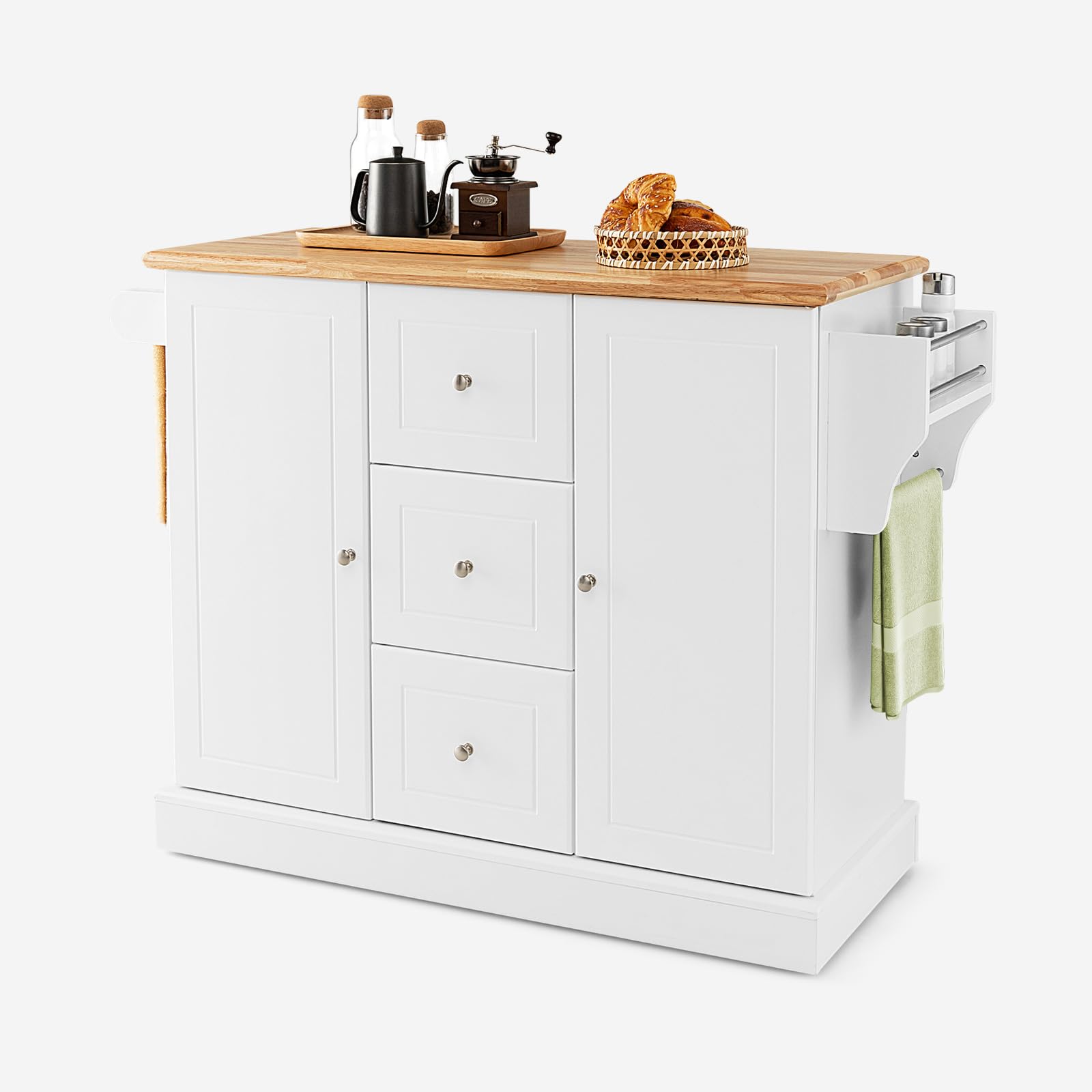 KOMFOTTEU Carrello da Cucina in Legno di Quercia con 2 Armadi e 3 Cassetti, Credenza con 5 Rotelle e Cerniere in Metallo, Isola da Cucina per Soggiorno e Sala da Pranzo