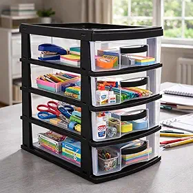 Gaveteiro Organizador de Mesa 4 Gavetas Plástico Resistente Compacto Moderno Ideal Escritório Home Office Cozinha (Preto)