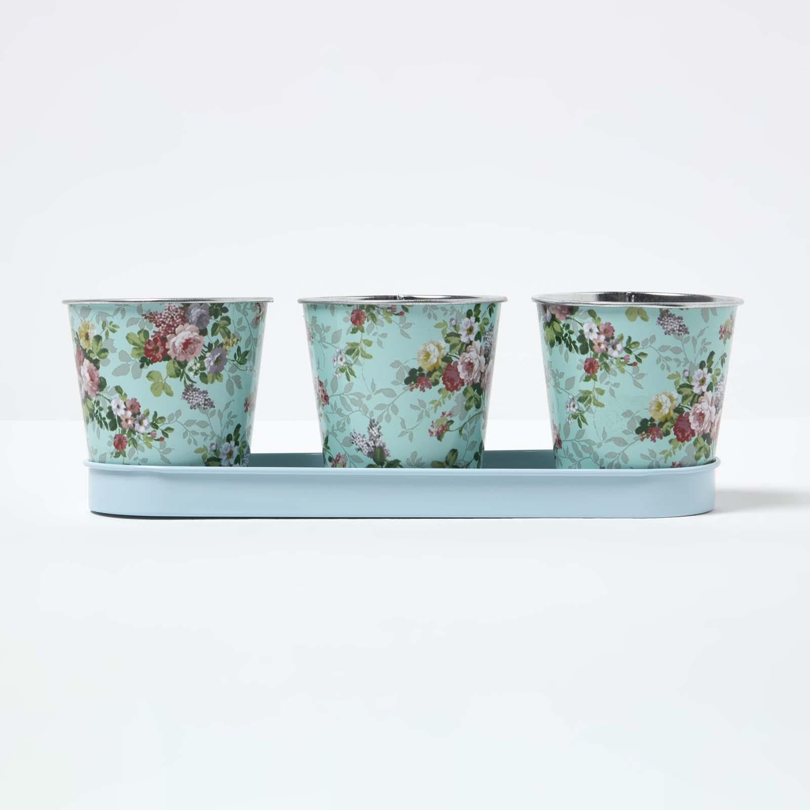 HOMESCAPES Rose Pattern Herb Pots with Tray - Set of 3, Outdoor Indoor Herb Pots for Kitchen Windowsill - Grow Fresh Herbs in Small Plant Pots with Stylish Rose Design Herb Planter