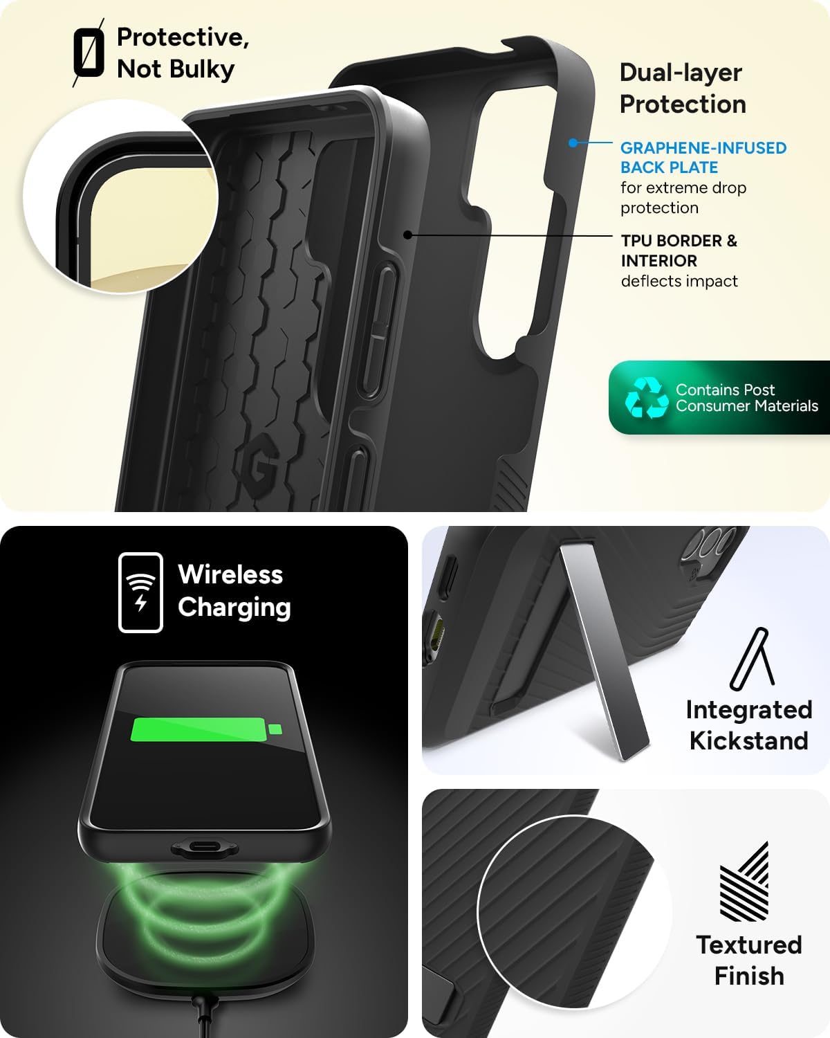 ZAGG Denali Samsung Galaxy S24 Case with Kickstand - Graphene-Infused Dual Layer Protection, 16ft Drop Resistant, Eco-Friendly Design, Black