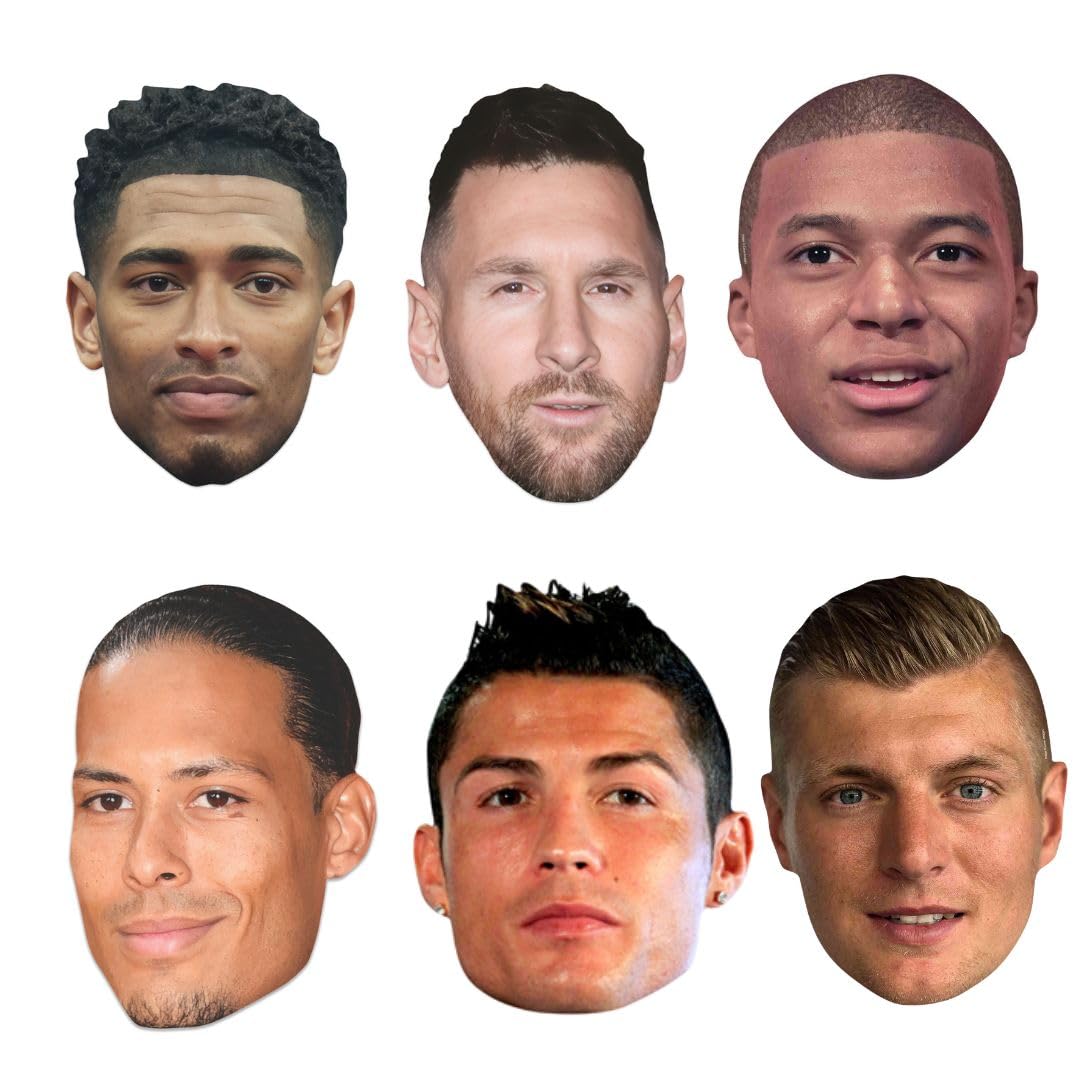 Star Cutouts SMPWC1 World Champion Footballers Six Pack of Masks - Bellingham, Ronaldo, Messi, Mbappe, Kroos & Van Dijk
