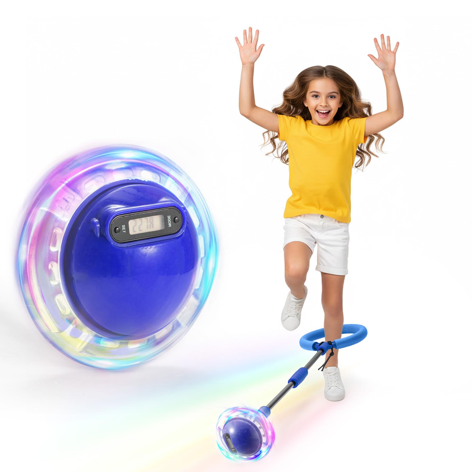 BREEZENEST Ankle Skip Ball with Counter, Timer, Cal Calculator, Foldable Foot Skipping Ball with LED Lights, Portable Sports Jump Rope Toy with Carrying Bag Blue