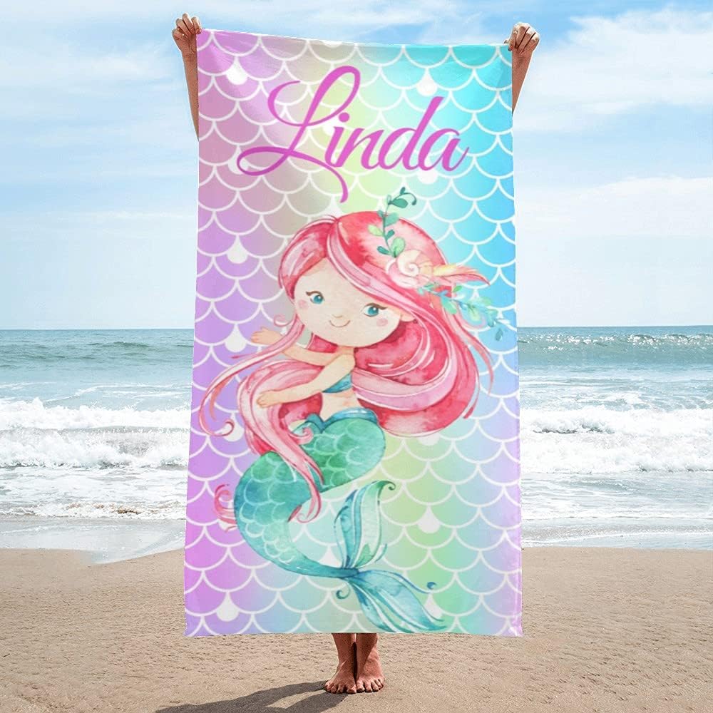 Shapoo Personalized Mermaid Beach Towels with Name for Girl -Custom Colors Mermaid Fish Scales Beach Towel - Customized Summer Beach Towel - Beach Towel Used as Birthday Gifts 30”×60” (Unicorn 01)
