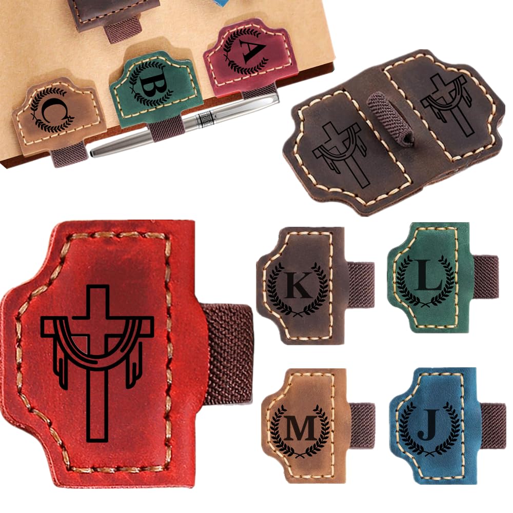 Custom Bookmark with Pen Holder with 26 Letters Personalized Magnetic Leather Book Mark, Customized Name Book Marker Clip with Initial for Men Women, Gifts for Book Lovers, Readers, (Red, Cross-2)