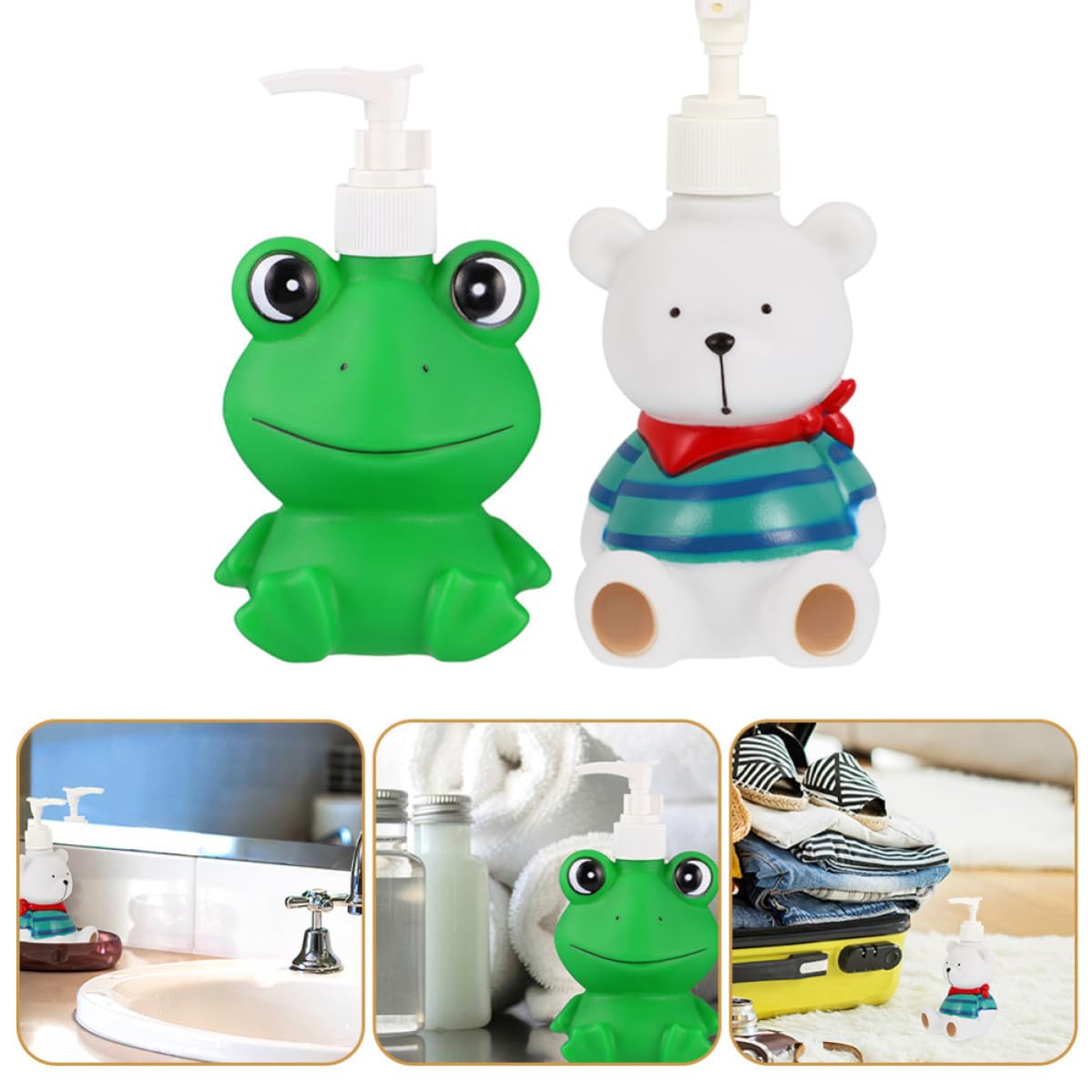 Dispenser di Liquido per Cucina e Bagno 300ml, Set 2 Pezzi Flaconi Pompa a Pressione, Bottiglie Cartoon Ermetiche per Shampoo, Lozione e Bagnoschiuma, per Viaggi e Uso Quotidiano