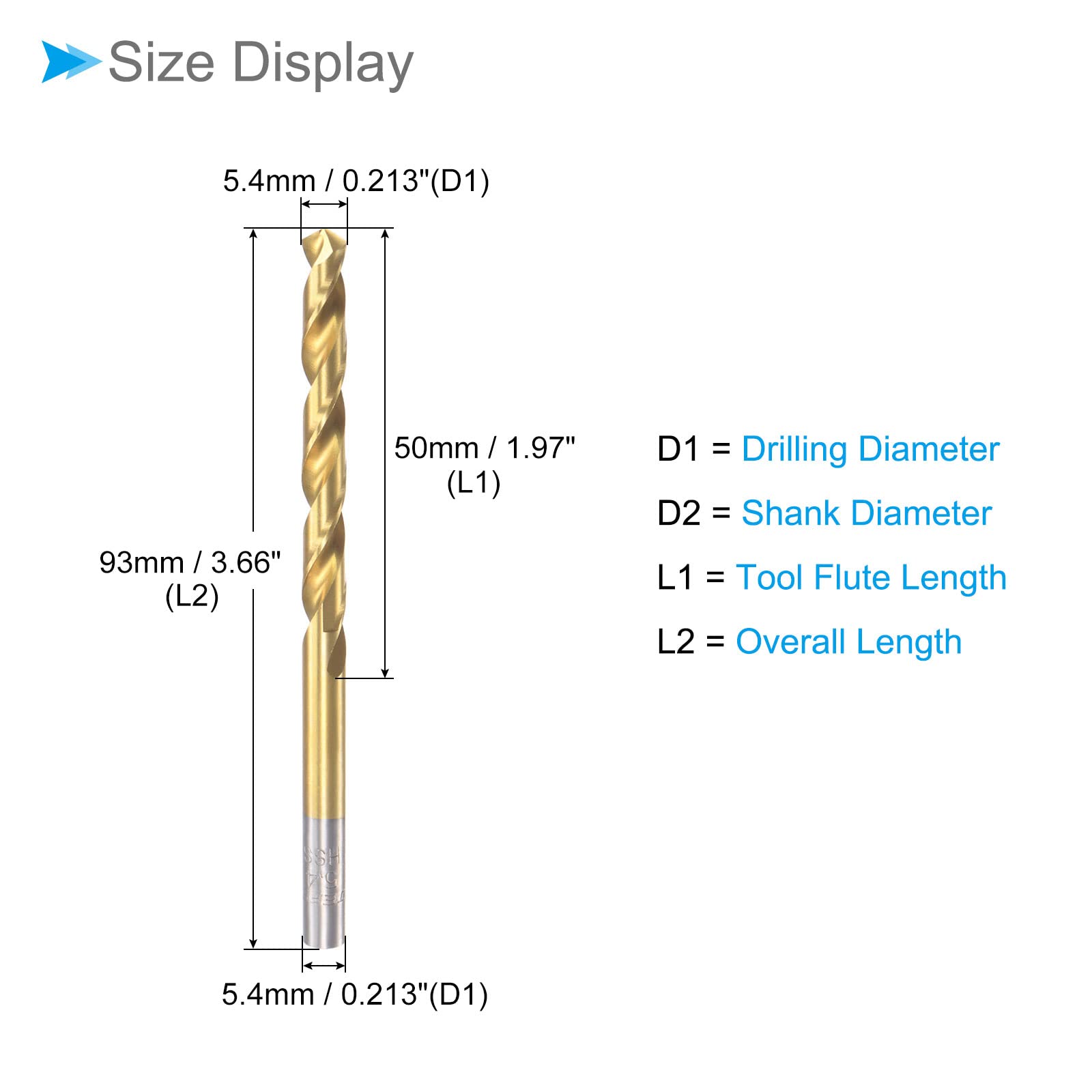 CoCud Twist Drill Bits, 5.4mm Drilling Diameter, Titanium Coated High Speed Steel 6542 Straight Round Shank - Image 2