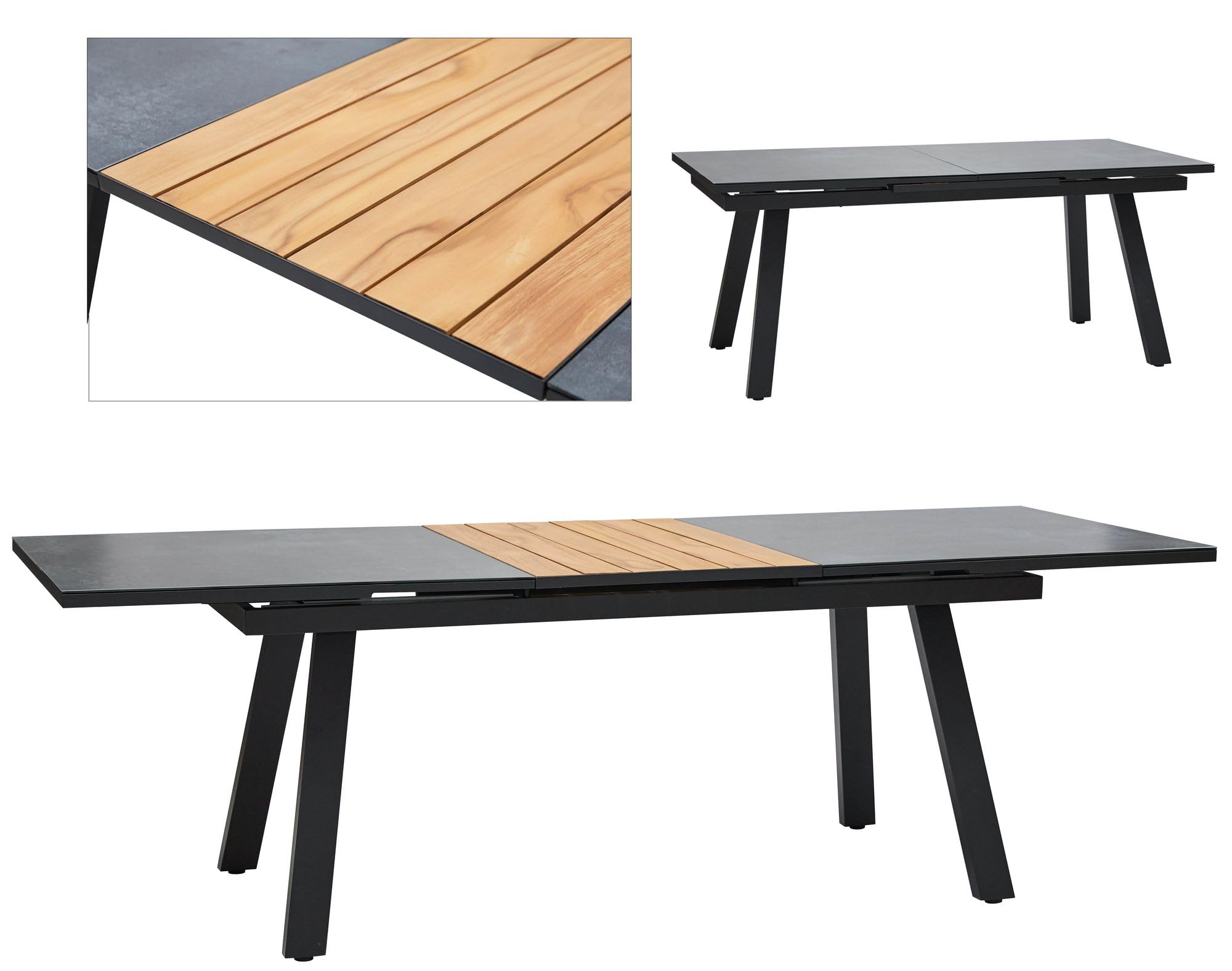 ALEOS. Aluminium Glas Teakholz Gartentisch Ausziehtisch 180 ausziehbar auf 240 cm x 90 cm Tisch Esstisch Glastisch Aluminiumtisch Trinidad mit synchroner Ausziehautomatik