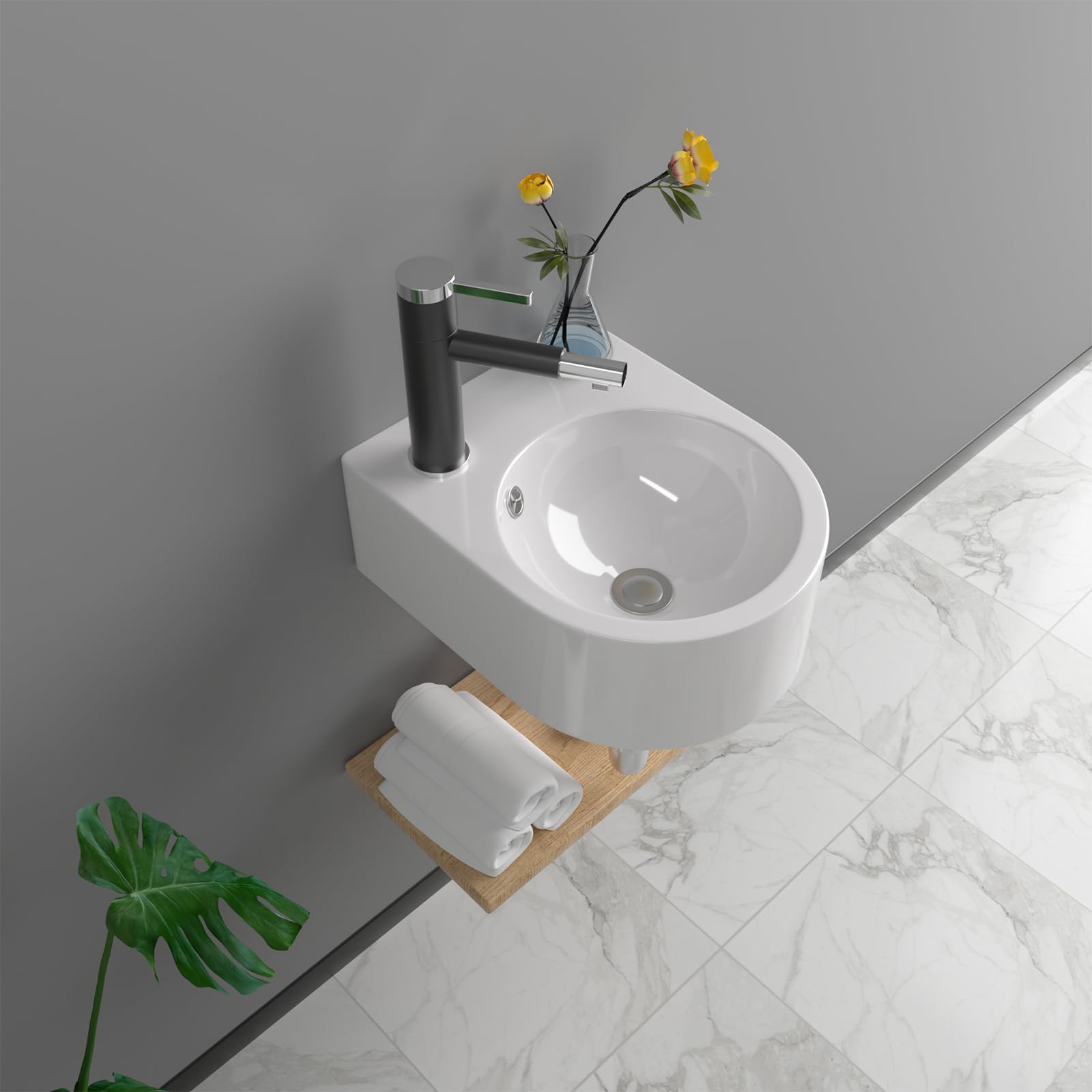 13"X10" Wall Mount Sink Round Shape Deep Modern Floating Sink Small Corner Sink Tiny Bathroom Sink Round Bowl Sink For Bathrooms Wall Hung Sink Bowl Basin Sink Wall Mount Bathroom Sink