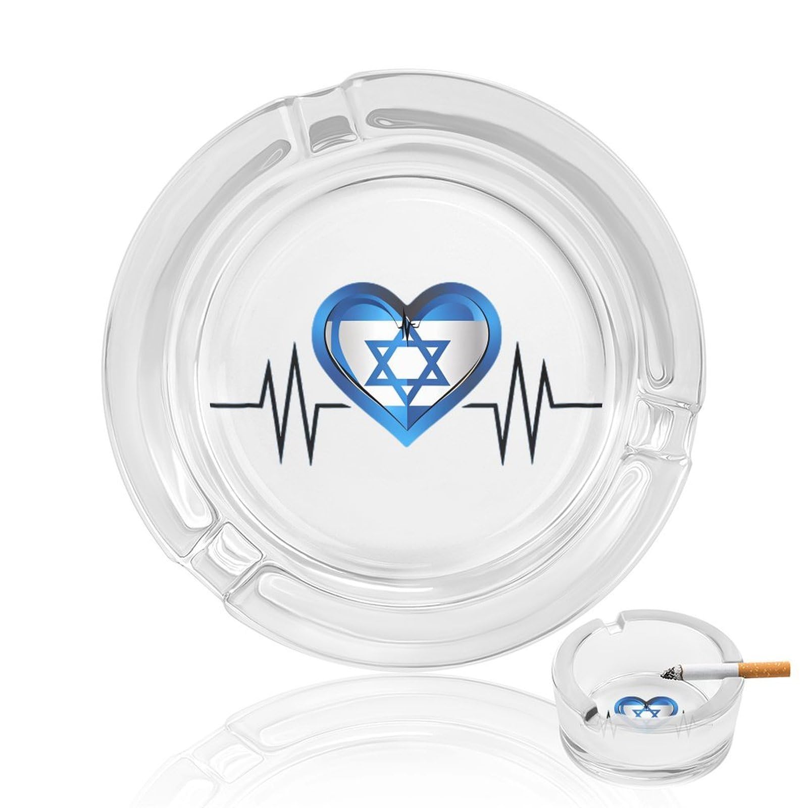 Israeli Heartbeat I Love Israel Flag Ashtray Portable Round Glass Outdoor Ash Tray for Home Office Garden Pub