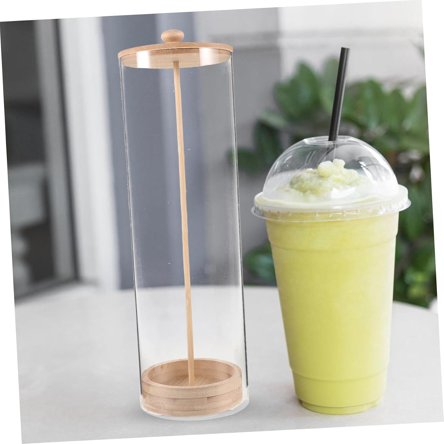 Generic Transparent Straw Organizer with Wooden Lid Multi Purpose Storage Bin for Straws Utensils and Items Clear Holder for Countertop Use Tea Shops and Fast Food