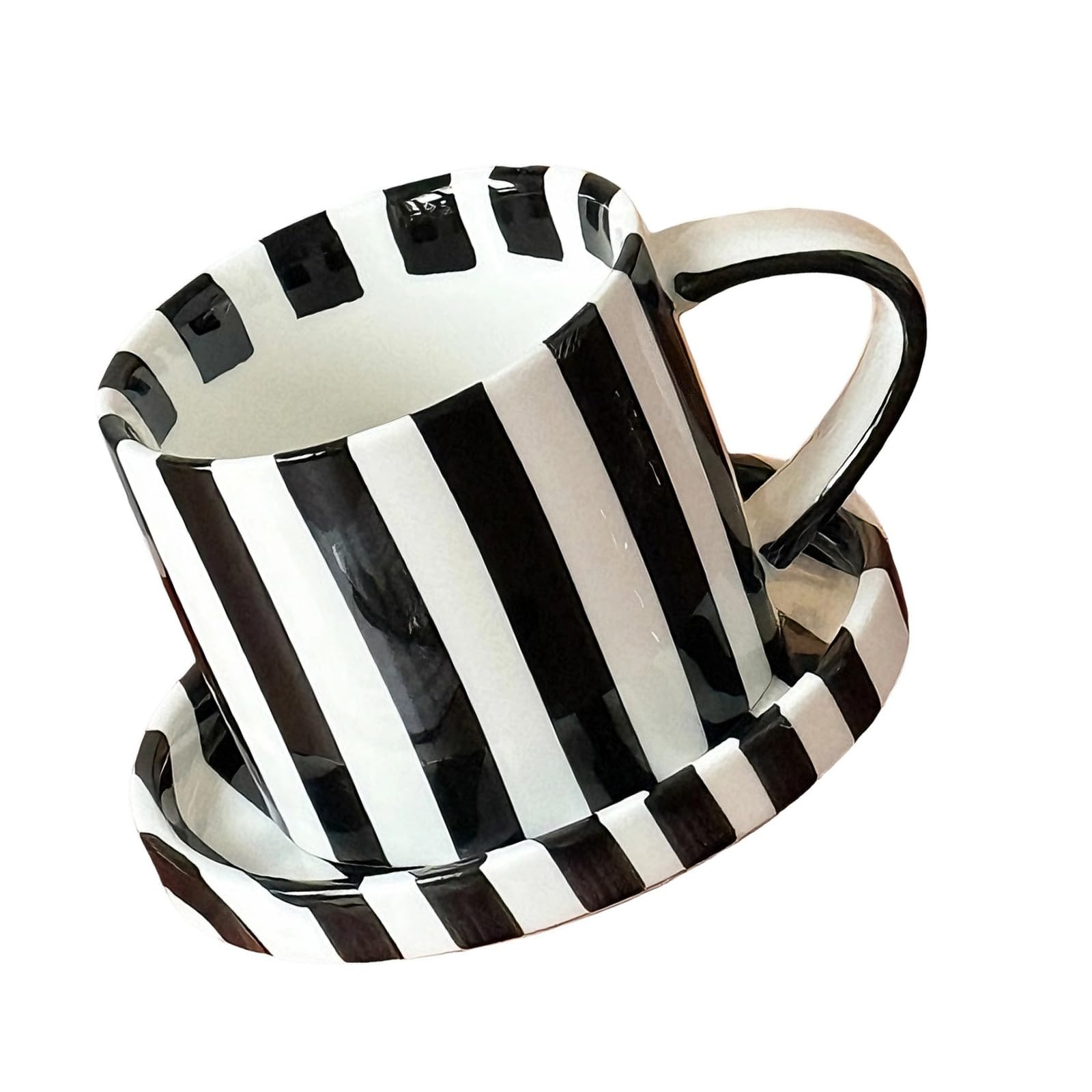 Kaeltsyn 5Inch Elegant Striped Ceramic Coffee Mugs and Saucer Set Feature Comfortable Grip and Multifunctional for Home Use Comfortable Grip