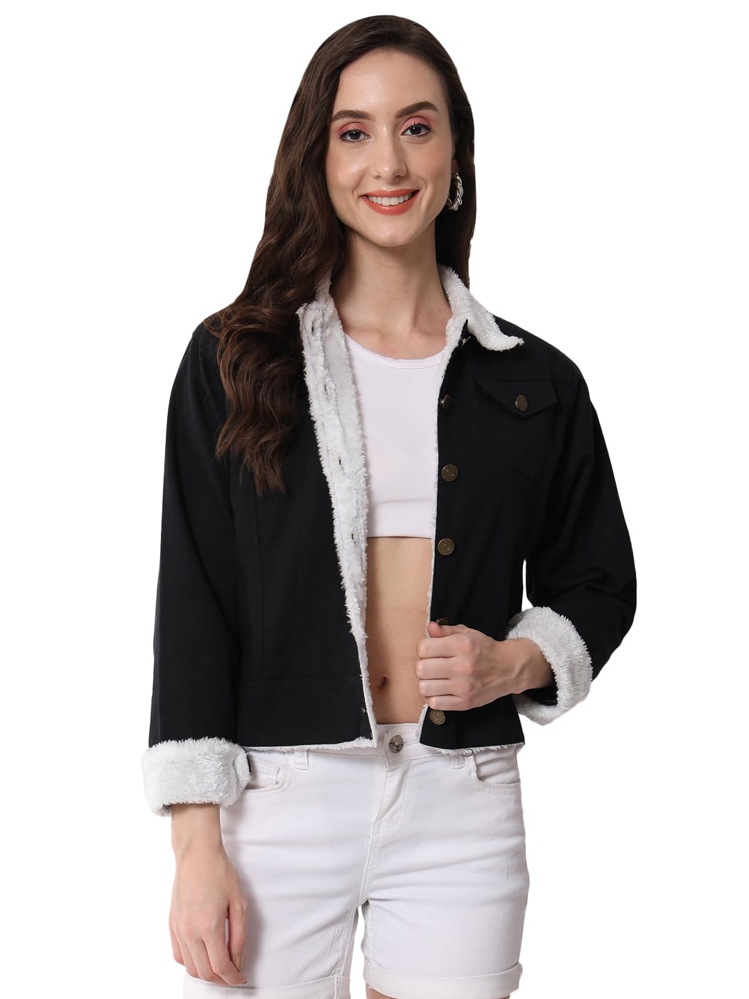 funday fashion Womens Cotton Twill Spread Collar Cropped Cotton Tailored Jacket With Faux Fur Trimmings-picture-13