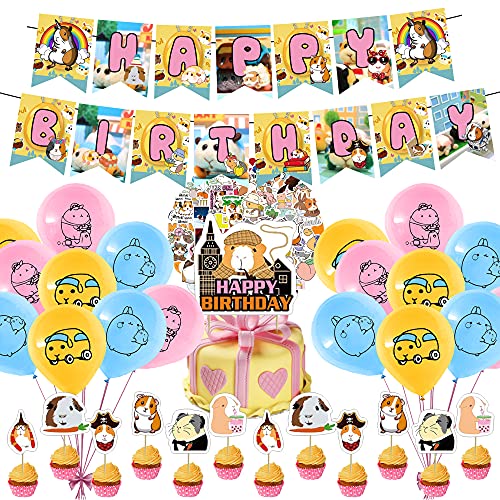 82 Pcs Guinea Pig Theme Birthday Party Decorations,Party Supply Set for Kids with 1 Happy Birthday Banner Garland , 13 Cupcake Toppers,50 Stickers ,18 Balloons for Party Decorations