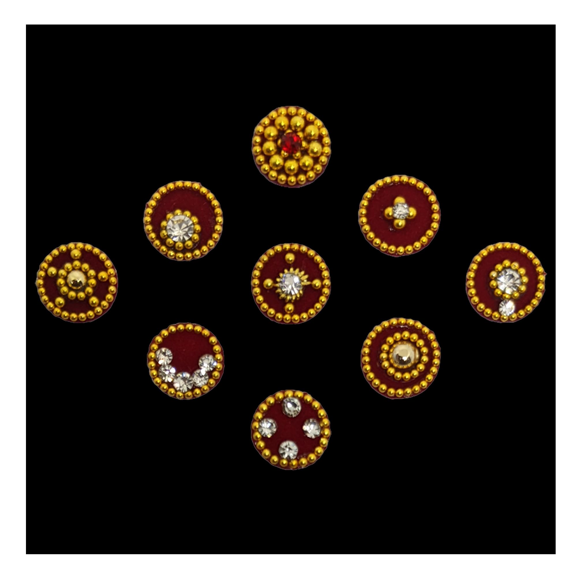 Comet Busters Traditional Assorted Round Maroon Velvet Bindi With Gold Beads and Stones (7mm) (BIN1598)-image-39