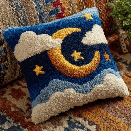 Juego de nudos para funda de almohada de 43 x 43 cm, cojín bordado con instrucciones (idioma español no garantizado), juego creativo para principiantes y adultos, estrellas y luna