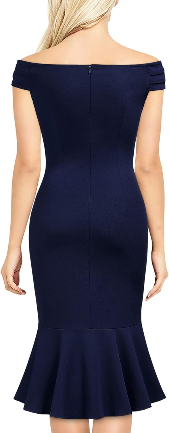 Knitee Women's Off Shoulder V-Neck Ruffle Pleat Waist Bodycon Evening Cocktail Slit Formal Dress - Image 2