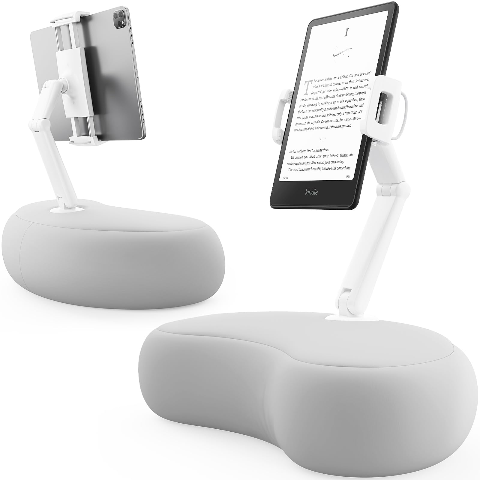 SAIJI Tablet Stand Pillow, 360° Adjustable Tablet Holder for Bed with Flexible Dual Axis Arm, Phone Holder for iPhone 15, 15Pro, iPad, Kindle, Portable Monitor and All 4.7" - 15.6" Devices Gray