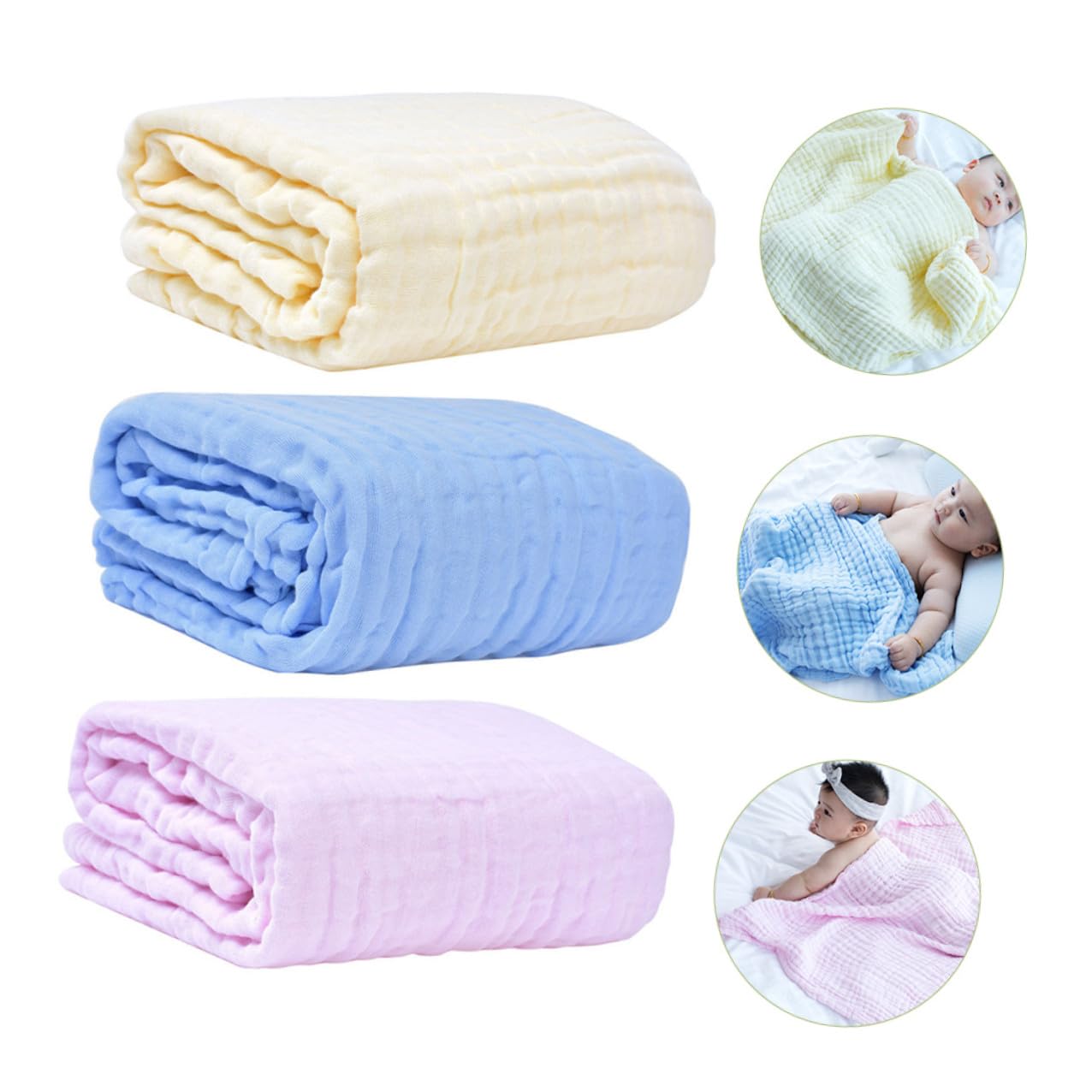 GARVALON 3 Stück Teiliges Baumwoll Kuscheldecken Weiche Atmungsaktive Musselin Decken für Neugeborene Leichte Unisex Babydecken in Gelb Blau Hautfreundlich und Langlebig