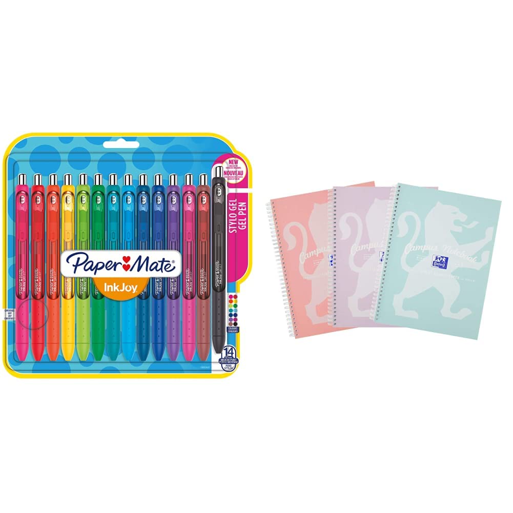 Paper Mate InkJoy Gel Pens | Medium Point (0.7mm) | Assorted Colours | 14 Count & Oxford Campus A4 Notebook, Wirebound, Pastel Assorted Colours, Pack of 3