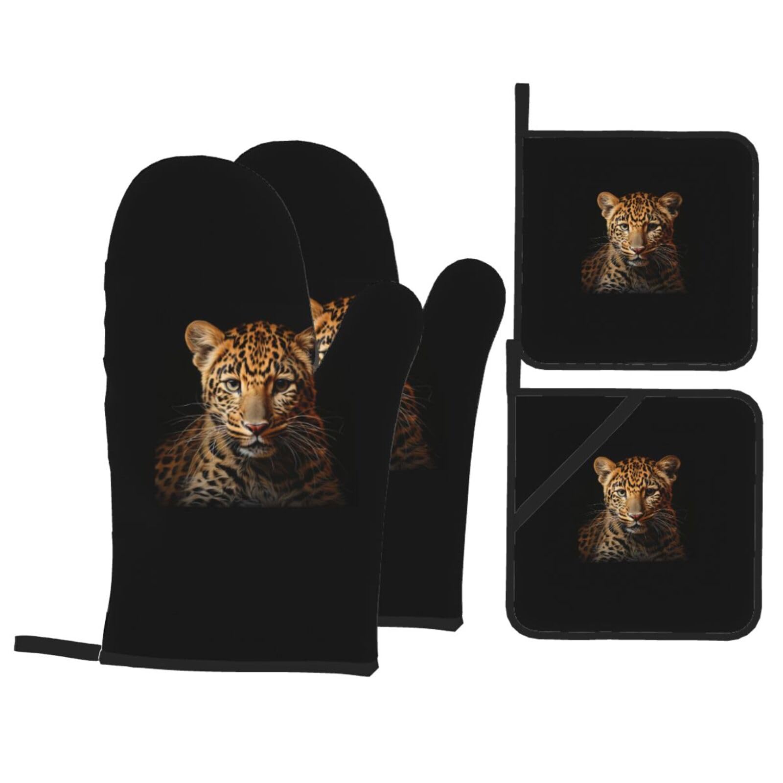 Leopard Print Print 4-Piece Oven Microwaving Set Kitchen Gloves for Holiday Cooking Baking Grilling