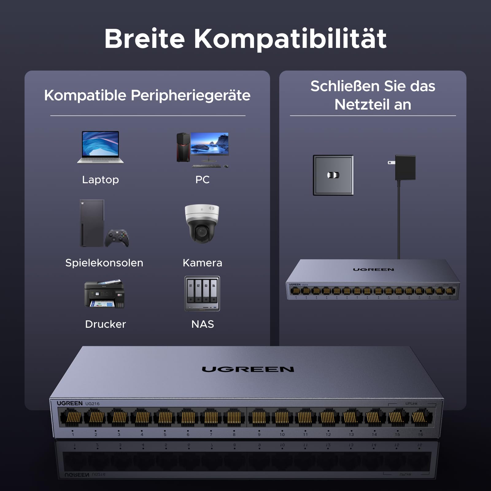 UGREEN LAN Switch 16 Port Netzwerk Switch Gigabit Switch automatische Geschwindigkeit von 10/100/1000Mbps,Unmanaged,Portisolierung ,Metallgehäuse Ethernet Switch für TV/Laptop/Switch/Router/Monitor | Netzwerk-Hub, VLAN, Metallgehäuse, ideal für Büro und Z