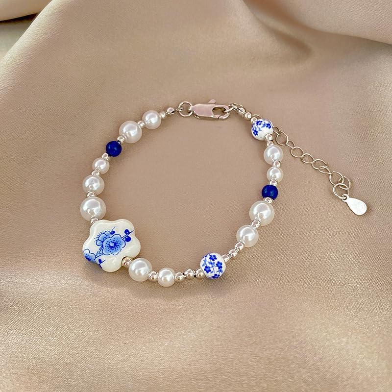 Cute Flower Bracelet for Women Dainty Pearl Bead Ball Bracelets Adjustable Sweet Chain Link Bracelet Vintage Blue and White Porcelain Bracelets Fashion Trendy Birthday Christmas Jewelry Gift - Image 7