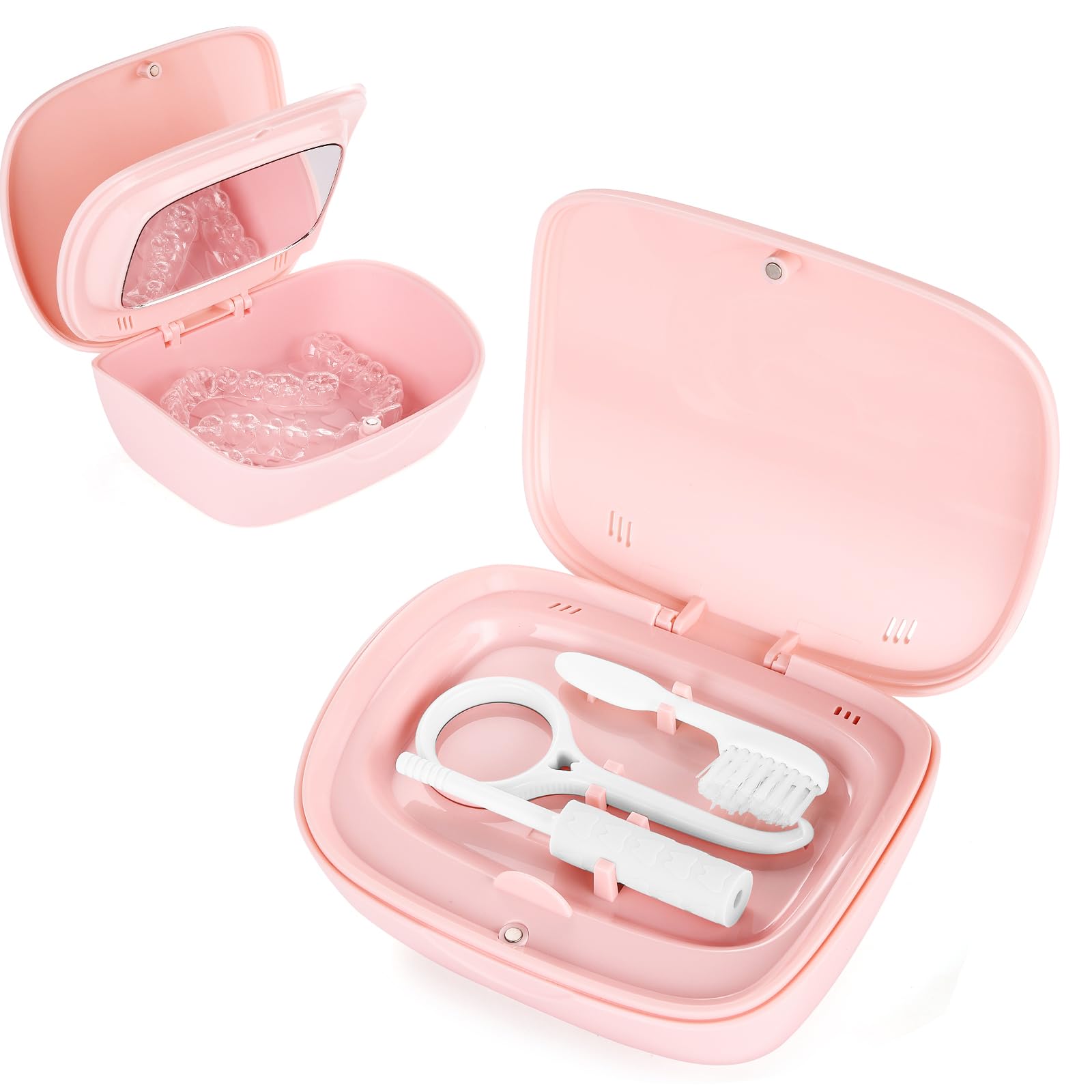 Funda alineadora de doble capa, estuche de retención con espejo, soporte de retención con herramienta de extracción y cepillo de limpieza con agujeros de ventilación compatible con funda de alineador,