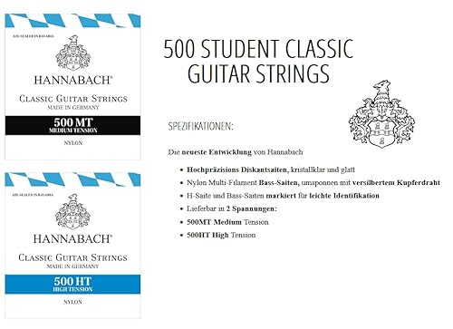 Hannabach, Strings For Classic Guitar Set Medium Tension, Trebles, Basses: Nylon Filament With Braided Silver-Plated Copper Wire, 500Mt #TOP2