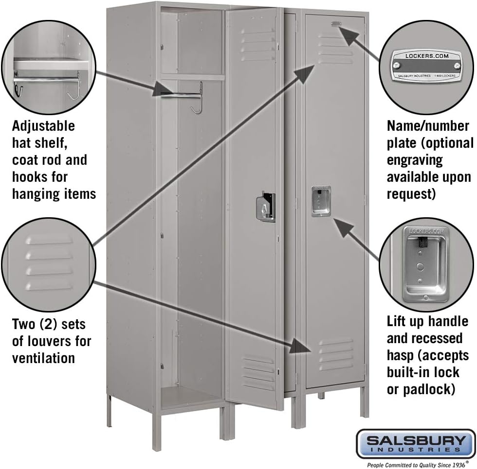 18" Wide Single Tier Standard Metal Locker - 3 Wide - 6 Feet High - 18 Inches Deep - Gray - Unassembled