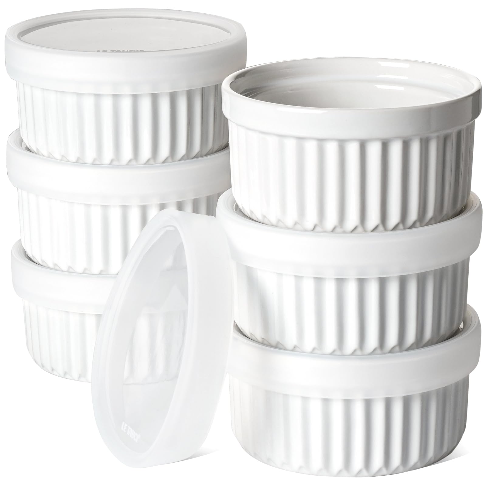 LE TAUCI Lot de 6 ramequins avec couvercles, passent au four, pour crème brûlée, plats à soufflé en céramique avec couvercles, pour pâtisserie, pudding, service, crème glacée, blanc