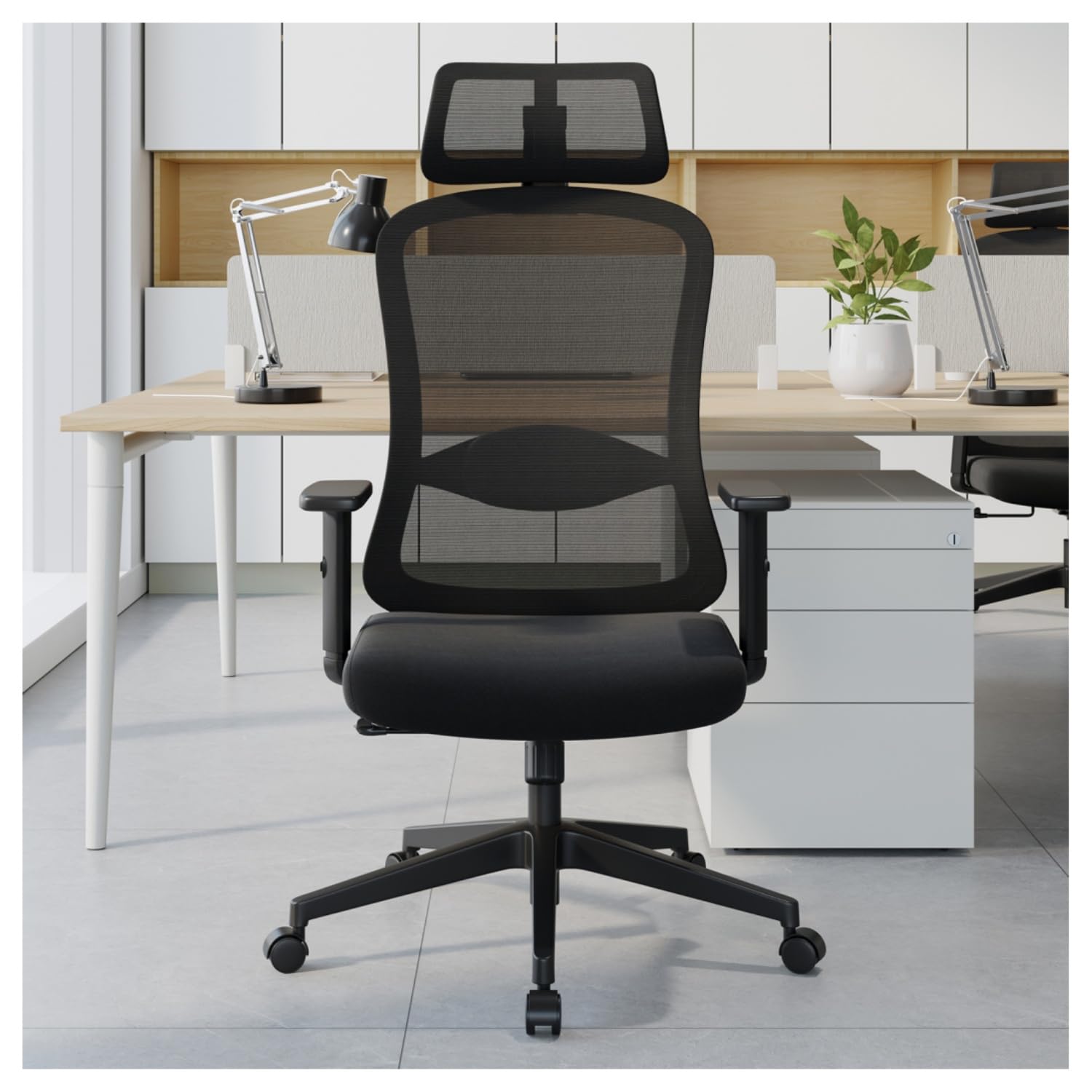 Eucladoceros Bürostuhl, Schreibtischstuhl Ergonomisch mit Verstellbaren Kopfstützen und Armlehnen, Drehstuhl mit 4CM Schaumstoff-Lendenkissen, Bürostühle mit Netzbezug, für Home Office (Schwarz)