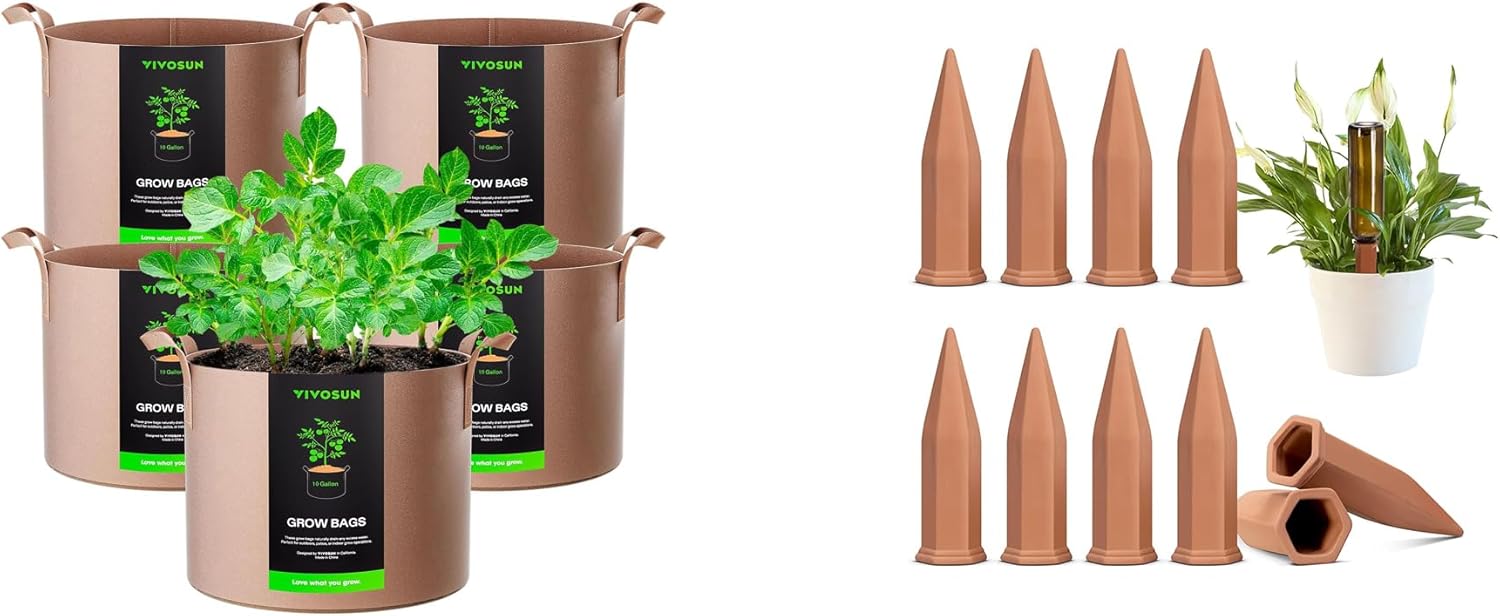 VIVOSUN 5-Pack 10 Gallons Grow Bags and 10Pcs Self-Watering Spikes, 7 Inch Hexagonal Terracotta Watering Stakes, Auto-Water Device, Planter Insert for Indoor & Outdoor Potted Plants