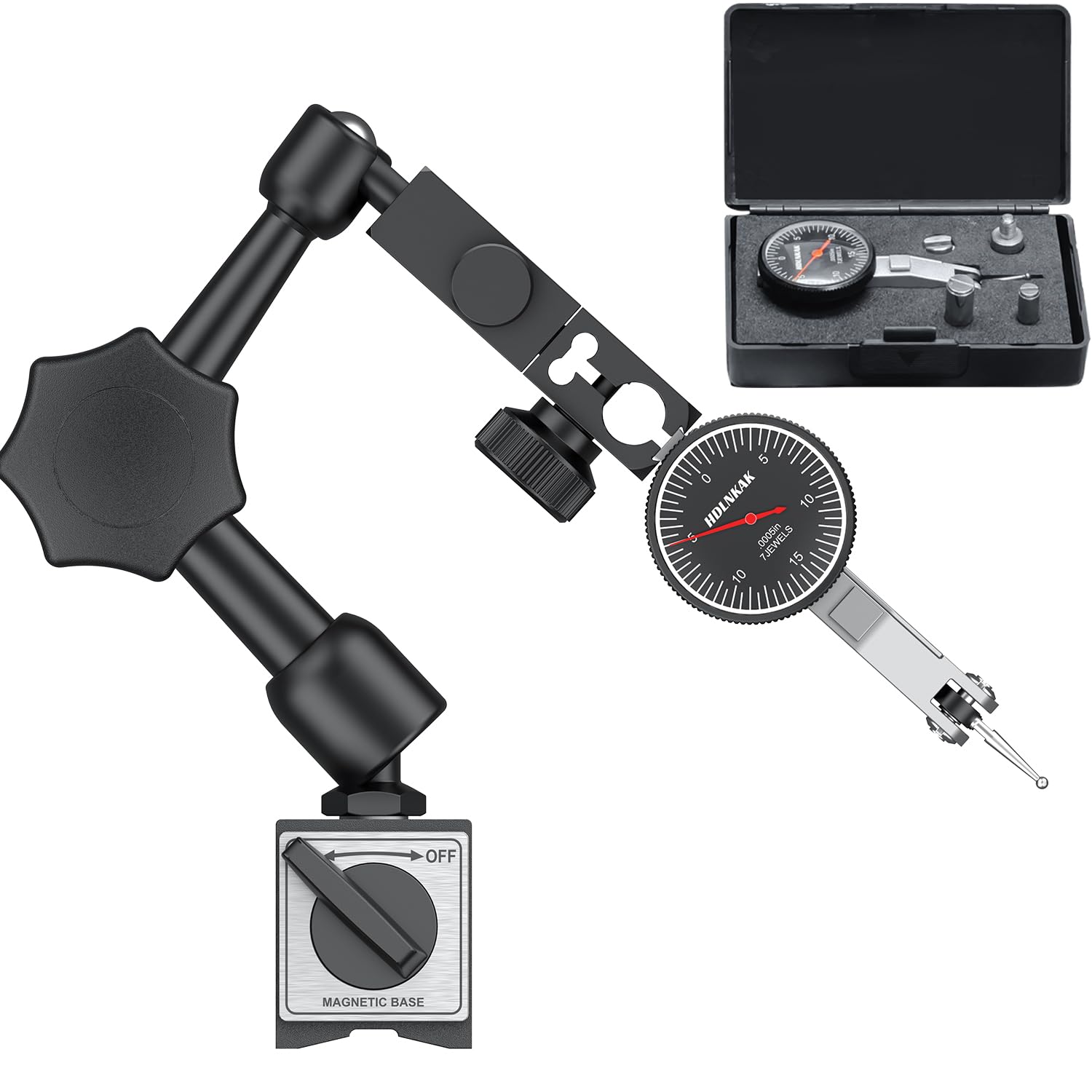 HDLNKAK Dial Test Indicator with Magnetic Base Stand（90lbs /40kg), 0-0.03"x0.0005" Test Indicator，with 3 Metal Dovetail Clamps in Storage Case (Black)