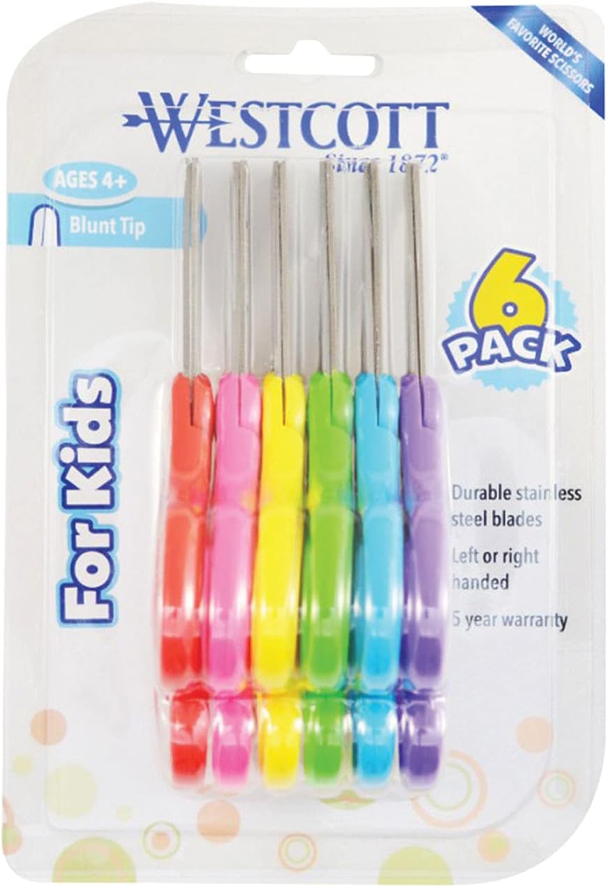 16454 Right- and Left-Handed Scissors, Kids' Scissors, Back to School, Classroom Supplies, Ages 4-8, 5-Inch Blunt Tip, Assorted, 6 Pack