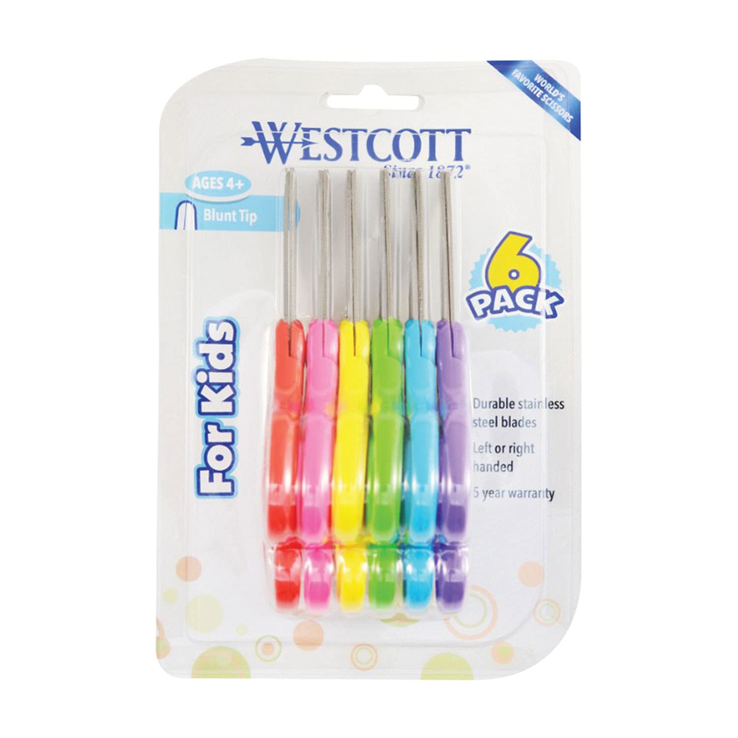 Westcott 16454 Right- and Left-Handed Scissors, Kids' Scissors, Back to School, Classroom Supplies, Ages 4-8, 5-Inch Blunt Tip, Assorted, 6 Pack