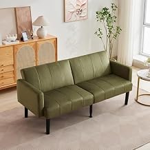 75.5 Convertible Futon Sofa Bed, Linen Flannel Small Couch Sofa with Wood Legs & 700lbs Capacity, Adjustable Folding Loveseat, Mid Century Modern Futon Couch, Cozy Couches for Living Room - Green
