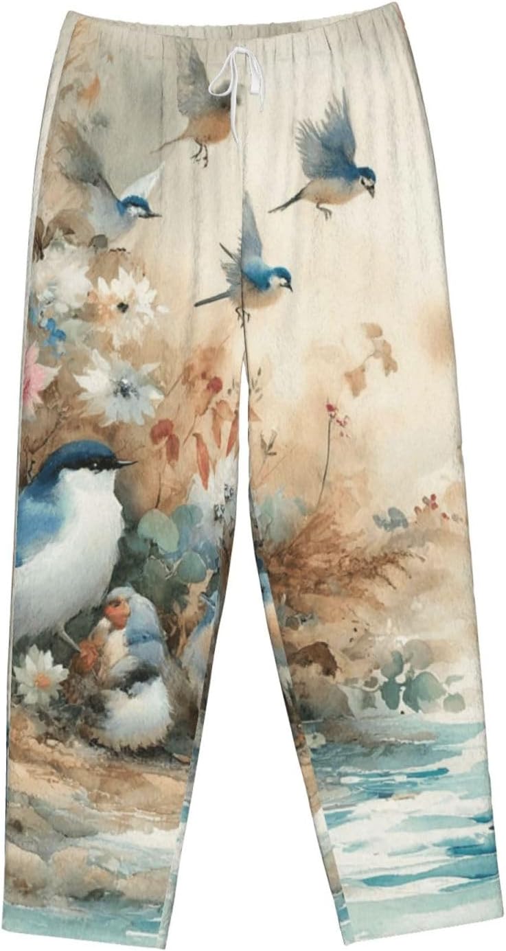 Women'S Birds-Flowers-Watercolor Fleece Pajama Pants, Cozy Flannel Lounge Bottoms For Women