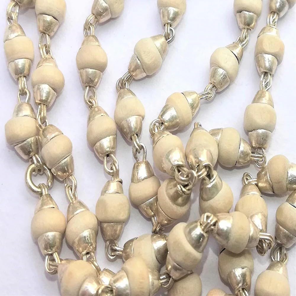 Natural White Tulsi Beads Mala with Silver Cap Tulsee Kanthi for Peace of Mind/Meditation Basil Beads Mala 10 mm - Image 2