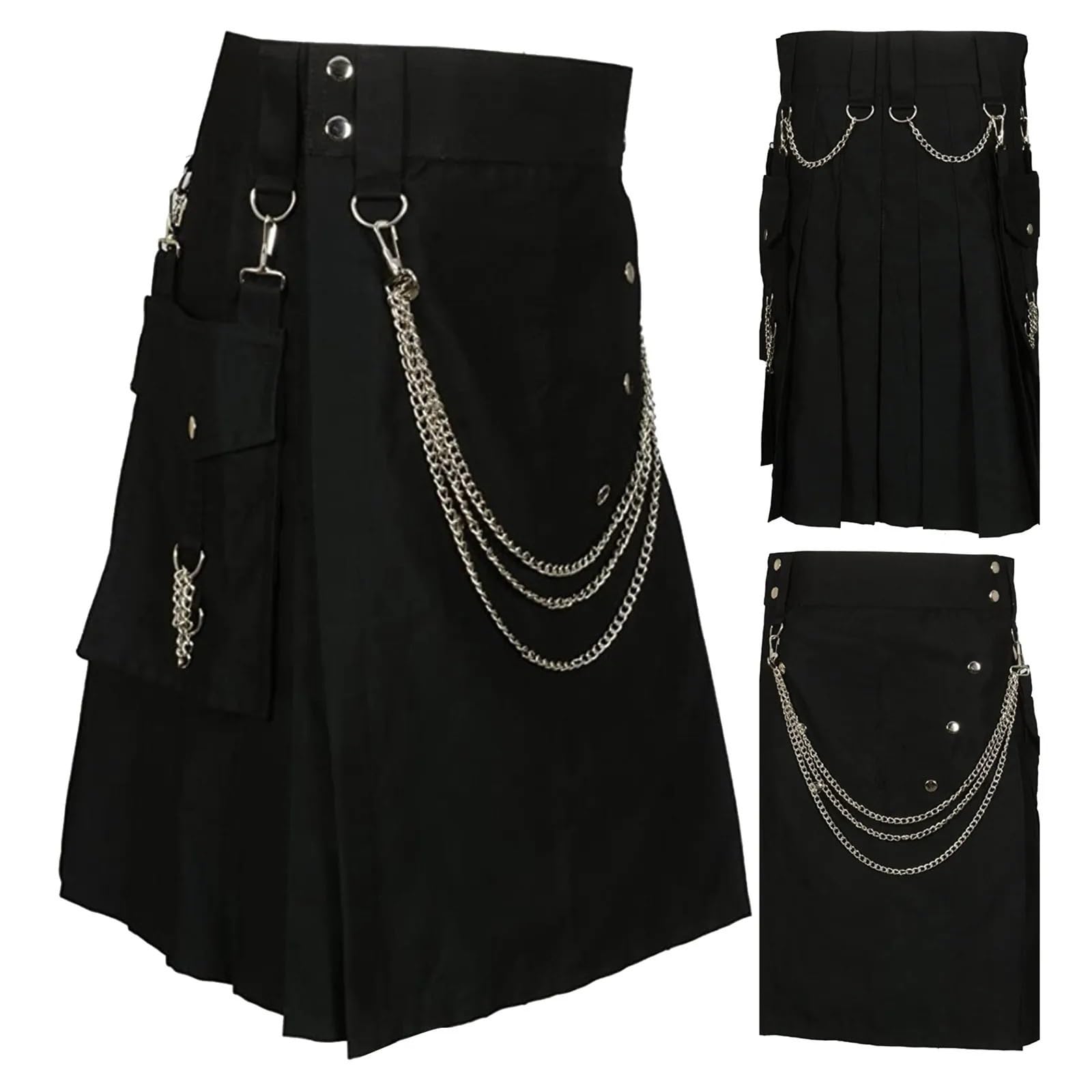 Kilt gothique homme noir jupe plissée vintage écossaise avec poches cargo vêtement traditionnel