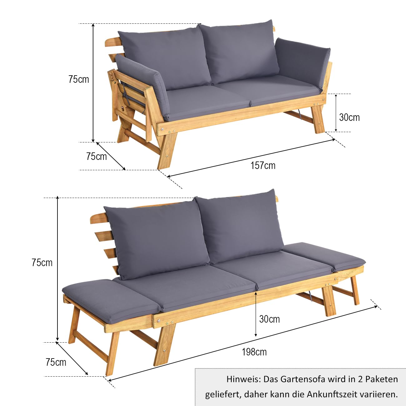 COSTWAY Gartenbank mit Liegefunktion, Gartensofa mit Auflagen und klappbaren Armlehne, Balkonbank aus Akazienholz, Balkonsofa, Gartencouch für Garten, Terrasse, Balkon, 198 x 75 x 75 cm (Grau)