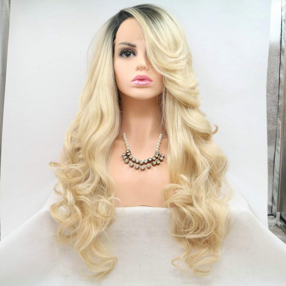 SERENEWIGBlonde Ombre Color Synthetic Lace Front Wigs for Women Long Body Wave Natural Blonde Wig Ombre Dark Roots Cosplay Drag Queen Female Daily Ues Wigs