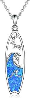 Surfboard Necklace Opal Sterling Silver Surfer Pendant Surfing Gift Ocean Wave Jewelry for Women Men