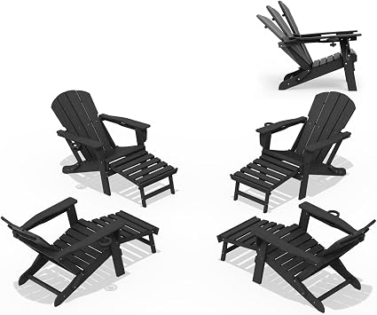 LOUNZY Folding Adjustable Adirondack Chair with Footrest Set of 4,HDPE Recliner Adirondack Chair with Cup Holder for Deck Lawn Fire Pit,Black