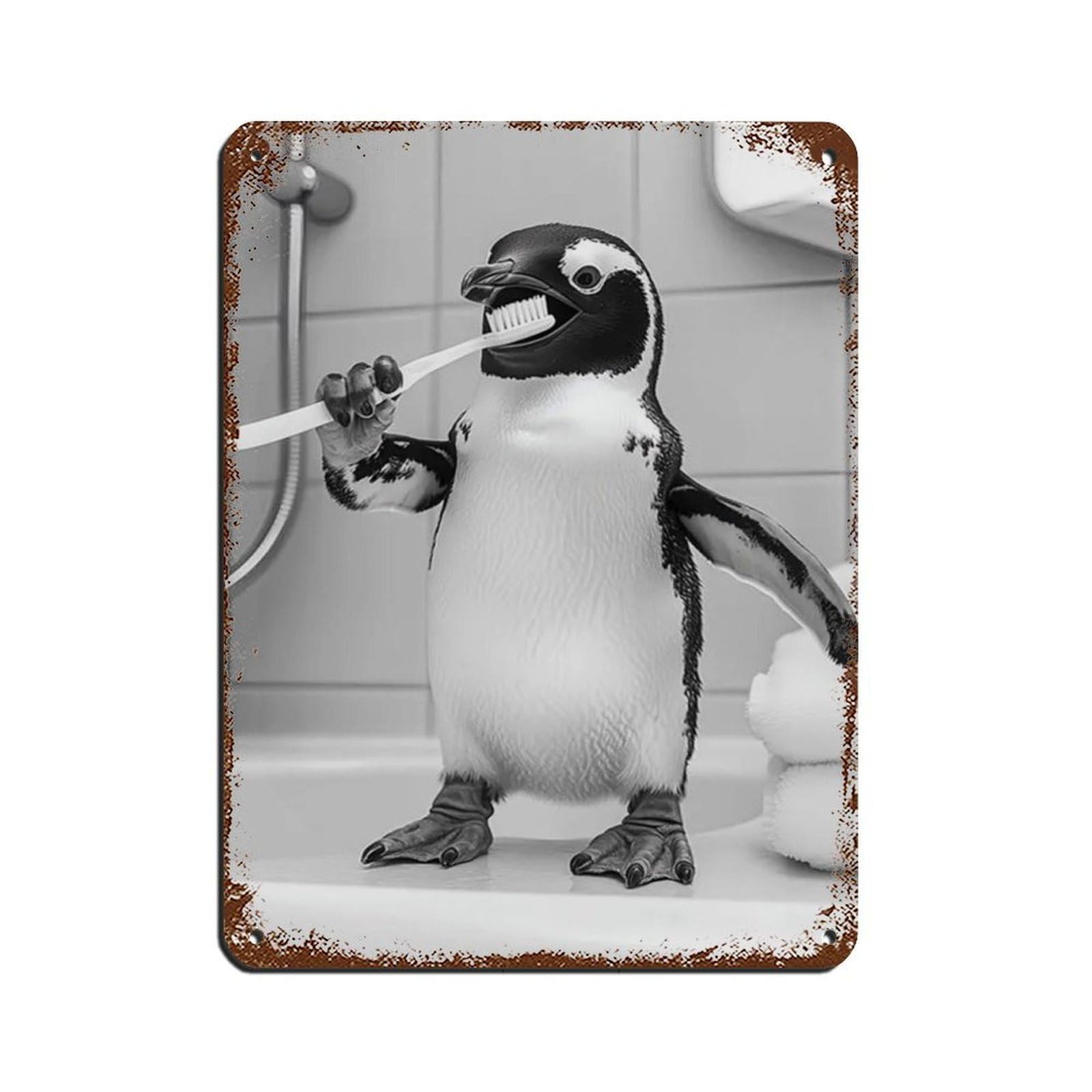 Penguin Brushing Teeth, Funny Bathroom Art Tin Sign Vintage Metal Pub Club Cafe Bar Home Wall Art Decoration Poster Retro 12x16inch(30x40cm)