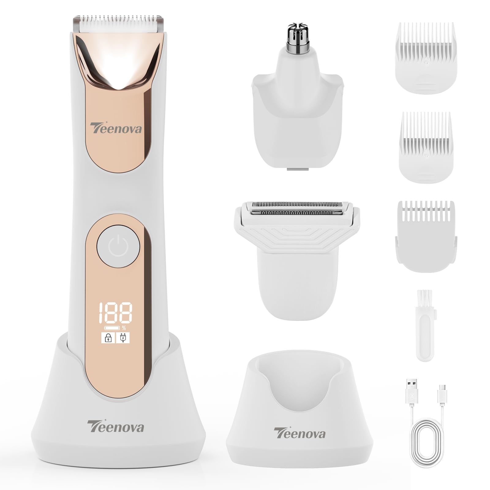 Manscape Body Hair Trimmer for Men, No Nick Pubic Bikini Trimmer for Women, 3 in 1 Versatile Groin Shaver with Nose Hair Trimmer, Cordless Dock Charging, LED Display, Wet/Dry Grommer (White)