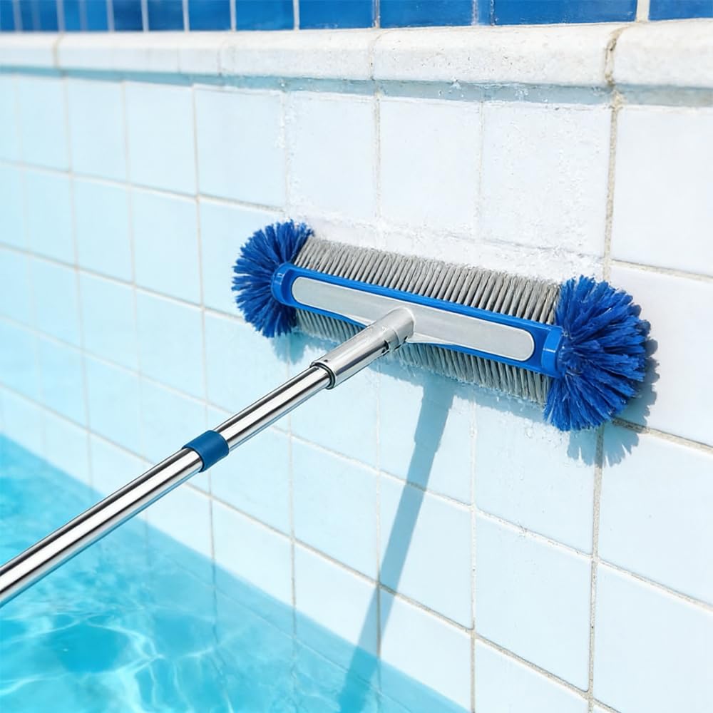 Cepillo de Piscina con Barra Telescópica de 230 cm de Largo,Cepillos de Limpieza de Piscina con Extremos Redondos de 45 cm,Escoba de Piscina con Barra de Acero Inoxidable Ajustable,para Limpieza de
