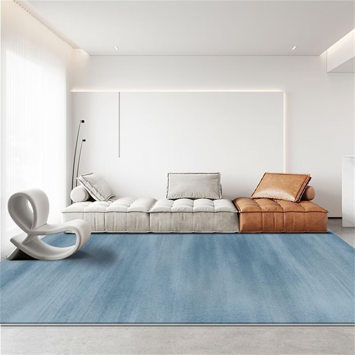 Tapis de salon bleu lavable au design minimaliste et naturel
